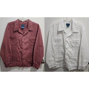 Lot of 2x Tropicool Guayabera Cuban Embroidered Long Sleeve Shirts Size Large